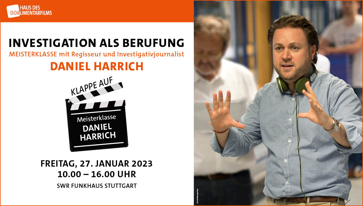 Hauptvisual HDF-Meisterklasse Daniel Harrich "Investigation als Berufung" am 27.1.23 im SWR Funkhaus Stuttgart